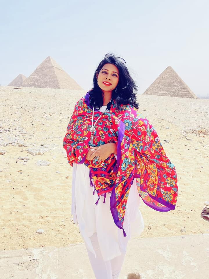 Bindu Bodanapu at the pyramids of Giza — ancient wisdom for modern feminine leadership